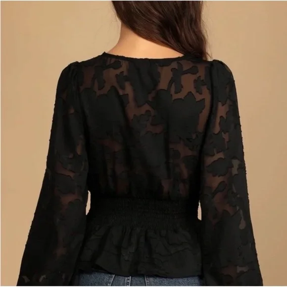 Lulus Women's M Patio Date Black Floral Burnout Lace Button-Up Long Sleeve Top - Picture 2 of 13